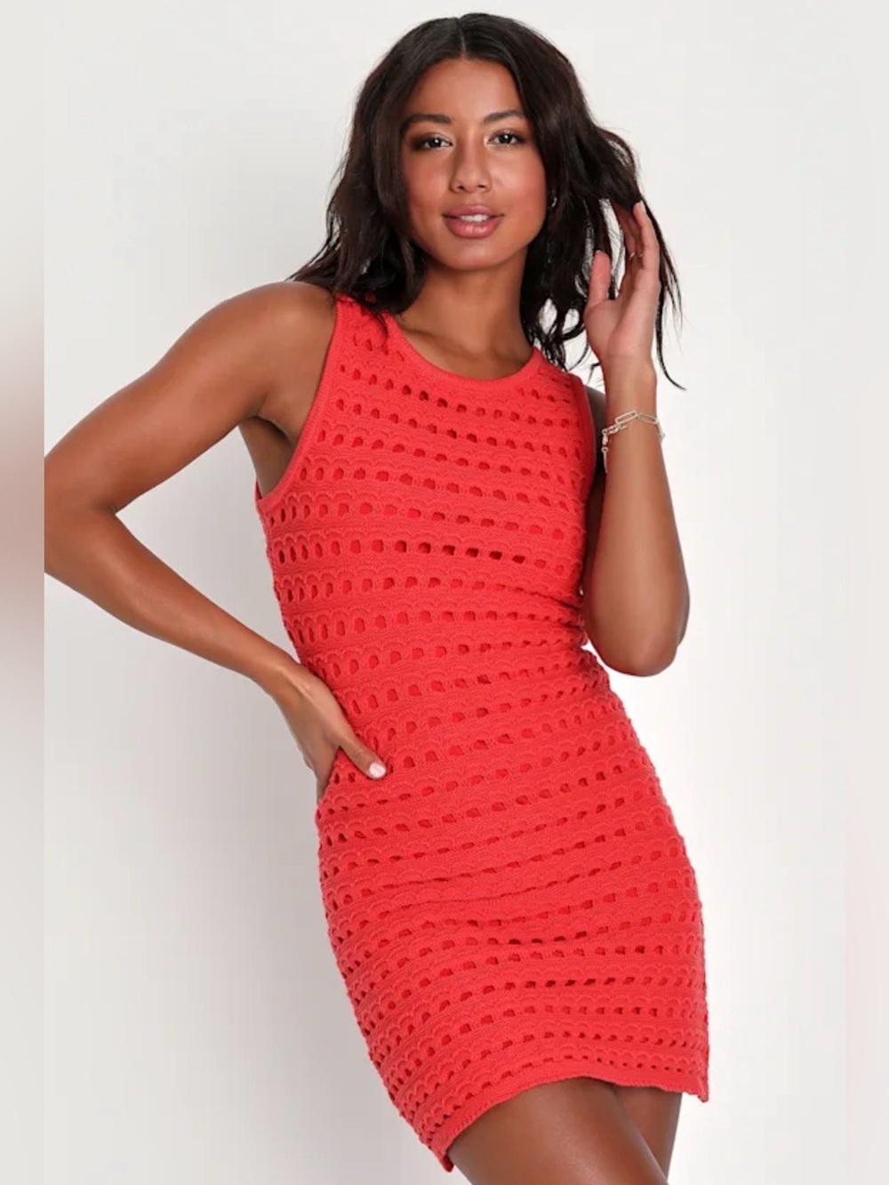 NWT Lulus ATTRACTED TO YOU Sleeveless Crochet Bodycon Dress in Red size Small